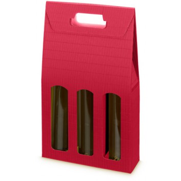 Flaschen-Tragekarton zum Überreichen; für 3 Flaschen; uni; rot; mit Fensterstanzung; offene Welle; 0,75l Wein-/Sektflaschen bis 38cm Länge 
