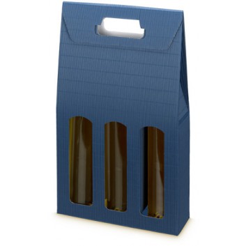  Flaschen-Tragekarton zum Überreichen; für 3 Flaschen; uni; blau; mit Fensterstanzung; offene Welle; 0,75l Wein-/Sektflaschen bis 38cm Länge 