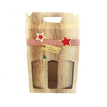  Flaschen-Tragekarton zum Überreichen; für 3 Flaschen (Abverkauf); Holzoptik+rot-weißer Schleife+Sterne+Anh; hellbraun; mit Fensterstanzung 