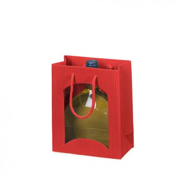  Exklusiv-Tragetasche, mit Kordel; 17 + 8,5 x 20 cm (B + Falte x H); uni; rot; mit Sichtfenster; offene Welle; Breite + Boden-/Seitenfalte x Höhe 