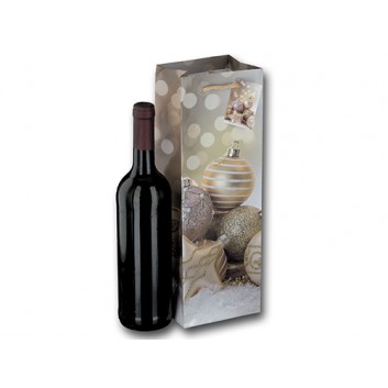  1er Sekt - Flaschentragetasche; 12 + 10 x 35 cm; für 1 Flasche Sekt; Fotomotiv: Weihnachtskugeln; anthrazit-gold; eingeknüpfte Kordel 