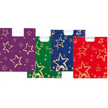  Weihnachts-Griffloch-Tragetasche; 38 + 10 x 45 cm; Sterne; grün / rot / blau / lila; LDPE; verstärktes Griffloch 