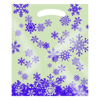  Winter-Griffloch-Tragetasche; 30 + 5 x 35 cm; Eiskristall; violett-creme; ca. 51 my; LDPE; transluzent, verstärktes Griffloch 