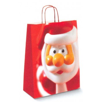  Weihnachts-Papiertragetasche; 24 + 11 x 31 cm; Niko-Gesicht; rot; gedrehte Papierkordel; Papier; Breite + Boden-/Seitenfalte x Höhe 