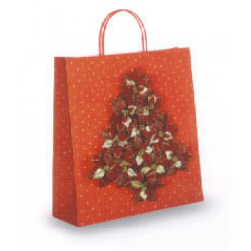  Weihnachts-Papiertragetasche; 21 + 9 x 25 cm; Stelle: Baum aus Weihnachssternen; rot; gedrehte Papierkordel; Papier 