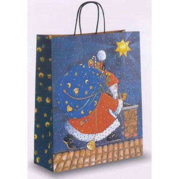  Weihnachts-Papiertragetasche; 22 + 10 x 29 cm; Niko auf dem Dach; blau; gedrehte Papierkordel; Papier; Breite + Boden-/Seitenfalte x Höhe 
