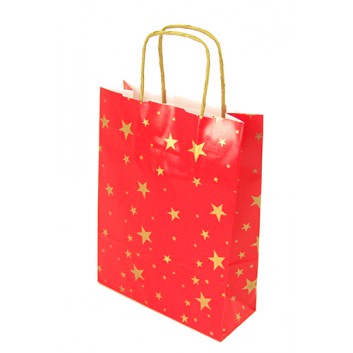  Weihnachts-Papiertragetasche; 18 + 7 x 24 cm; Sterne; gold auf rot; gedrehte Papierkordel; Papier; 130 g/qm; Breite + Boden-/Seitenfalte x Höhe 