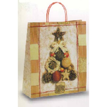  Weihnachts-Papiertragetasche; 27 + 12 x 37 cm; Madras: Tanne aus Bastelmaterial; braun-beige; gedrehte Kordel; Papier 