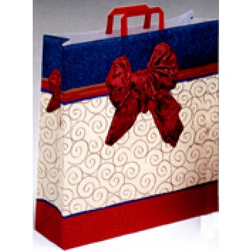  Weihnachts-Papiertragetasche; 45 + 15 x 49 cm; Schleife; creme-rot-blau; glatter Papiergriff; Papier; Breite + Boden-/Seitenfalte x Höhe 