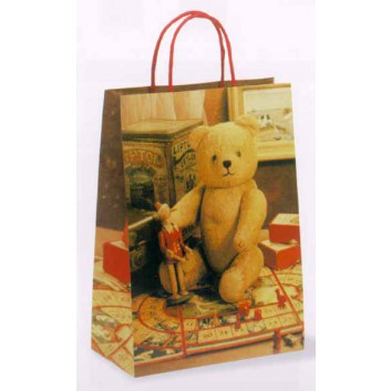  Papiertragetasche; 27 + 13 x 37 cm; Fotomotiv: Teddy, nostalgisch; Baumwollkordel, rot; Papier; Breite + Boden-/Seitenfalte x Höhe 