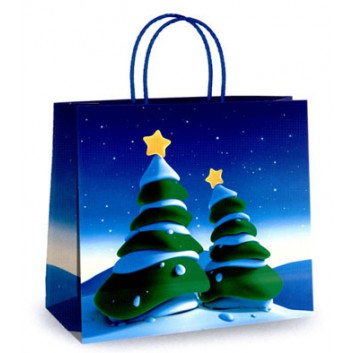  Weihnachts-Papiertragetasche; 35 + 14 x 31 cm; Tannenbäume; blau; Baumwollkordel; Papier; Breite + Boden-/Seitenfalte x Höhe 