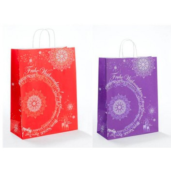  Weihnachts-Papiertragetasche; 24 + 11 x 31 cm / 32 + 14 x 42 cm; Phantasie; lila / rot; gedrehte Papierkordel; Papier 
