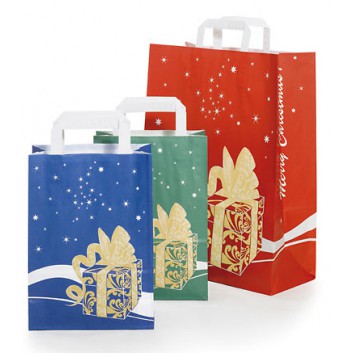  Weihnachts-Papiertragetasche; 22 + 10 x 28 cm; Geschenk; rot / grün /blau; glatter Papiergriff; Papier; ca. 70 g/qm 