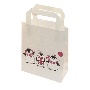  Weihnachts-Papiertragetasche; 18 + 8 x 22 cm; Pinguine; weiß-rot-schwarz-grau; glatter Papiergriff in weiß; Papier; ca. 70 g/qm 