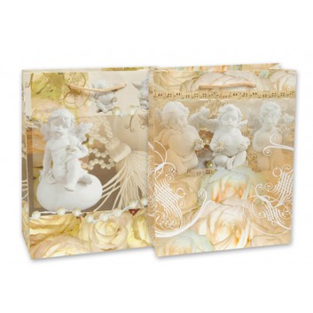  Weihnachts-Präsent-Tragetasche; 18 + 8 x 23 cm; Engel; eingeknüpfte Kordel, 2 Motive sortiert; 128g/qm Papier; Breite + Boden-/Seitenfalte x Höhe 