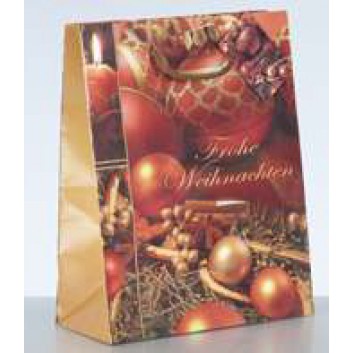  Weihnachts-Präsent-Tragetasche; 18 + 8 x 23 cm; Weihnachtskugeln; rot-gold; eingeknüpfte Kordel; 128g/qm Papier; Breite + Boden-/Seitenfalte x Höhe 
