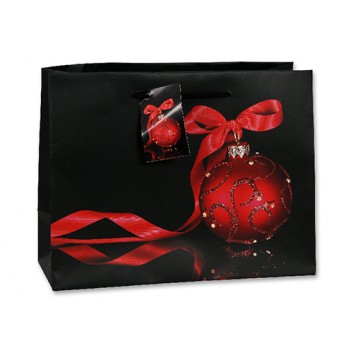  Weihnachts-Präsent-Tragetasche; 23 + 8 x 18 cm; Fotomotiv: Christbaumkugel; schwarz-rot; mit schwarzer Kordel und Anhänger 