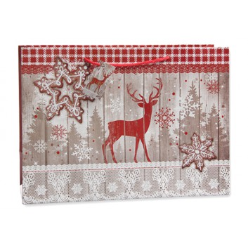 Weihnachts-Präsent-Tragetasche; 34,5 + 13 x 25 cm; Hirsch; rot-weiß; eingeknüpfte Kordel; Papier, glänzend; ca. 157 g/qm 