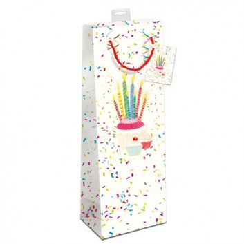  1er Exclusiv-Flaschentragetasche; 12 + 10 x 39 cm; 1 Flasche; Premium-Artserie: Geburtstagstorte; bunt; mit roter Kordel, Anhänger & SB-Karte 
