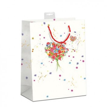  Präsent-Tragetasche mit Kordel; 18 + 10 x 23 cm; Premium-Artserie: Blütenherz; bunt auf weiß; mit roter Kordel, Anhänger & SB-Karte 