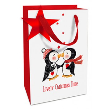  Braun & Company Weihnachts-Exclusiv-Tragetasche; 11 + 5 x 16 cm; Pinguine; weiß-rot-schwarz; mit rotem Satinband und Sternanhänger 