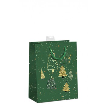  Weihnachts-Exclusiv-Tragetasche; 18 + 10 x 23 cm; Tannenbäume; gold auf dunkelgrün-matt; mit grüner Kordel, Anhänger & SB-Karte 