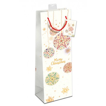  1er Exclusiv-Flaschentragetasche; 12 + 10 x 39 cm; für 1 Flasche Sekt; Premium-Art-Serie: Kristallsterne; bunt auf creme 