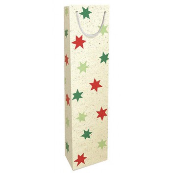  Braun & Company 1er Graspapier-Weihnachts-Flaschentasche; 90 + 70 x 360 mm; für 1 Weinflasche; Iceland: Sterne; natur mit roten und grünen Sternen 