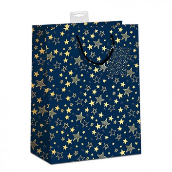  Weihnachts-Exclusiv-Tragetasche; 33 + 12 x 45 cm; Premium: Sterne; blau mit Goldsternen; mit blauer Kordel, Anhänger & SB-Karte 