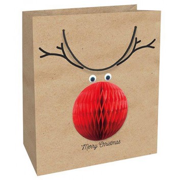  Braun & Company Weihnachts-Exclusiv-Tragetasche; 18 + 8 x 21 cm; Big Red Nose: Rentiergesicht +Wabenball; natur-rot; mit schwarzer Tragekordel 