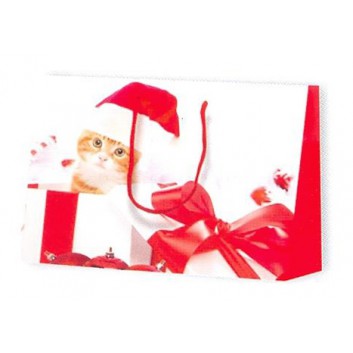  Weihnachts-Präsent-Tragetasche; 22,9 + 9,8 x 17,8 cm quer; Katze mit Nikolausmütze; rot-weiß; matt, mit Kordel; 128g/qm Papier 
