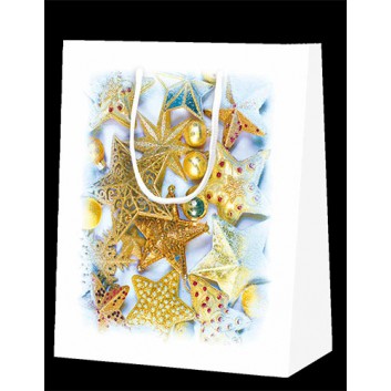  Weihnachts-Präsent-Tragetasche; 17,8 + 9,8 x 22,9 cm; Fotomotiv: filigrane Sterne; hellblau-gold auf weiß; mit weißer Kordel 