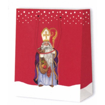  Weihnachts-Präsent-Tragetasche; 17,8 + 9,8 x 22,9 cm; Nikolaus mit Bischofsmütze; rot; mit Kordel; Breite + Boden-/Seitenfalte x Höhe 