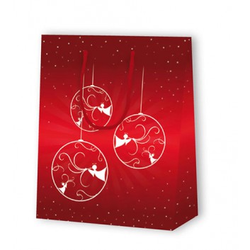  Weihnachts-Präsent-Tragetasche; 17,8 + 9,8 x 22,9 cm; Engel in Christbaumkugeln; rot; matt, mit Kordel in rot; Lackpapier, matt; 190 g/qm 