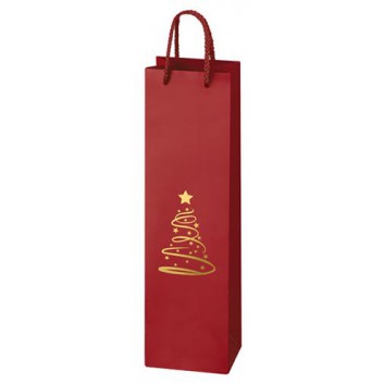  1er Flaschentragetasche; 10 + 8 x 36 cm; 1 Flasche Wein/Sekt; Christbaum; dunkelrot mit gold; ohne Anhängekärtchen 