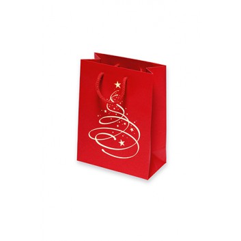  1er Boxbeutel - Flaschentragetasche; 17 + 8,5 x 22 cm; 1 Flasche Boxbeutel; Christbaum; rot mit gold; ohne Anhängekärtchen 