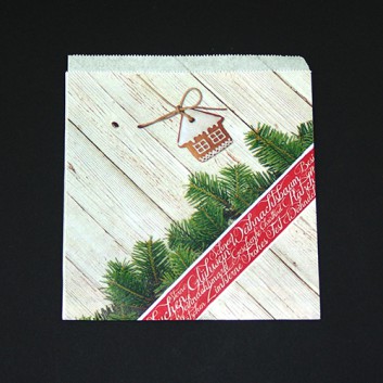  Weihnachts-Snackbeutel Pergamentersatz; ca. 16 x 16 cm; Fotomotiv: Lebkuchen vor Holzwand; naturbraun-grün-bordeaux 