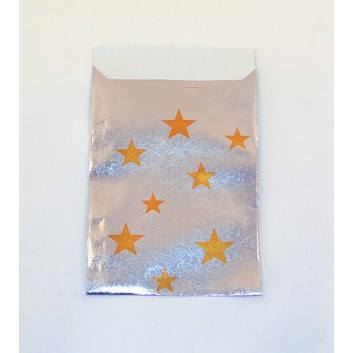 Weihnachts-Papier-Flachbeutel; ca. 9,5 x 13 + 2 cm; Sterne; gelb auf silber; Metallpapier; Zweinahtflachbeutel; Breite x Höhe + Klappe 