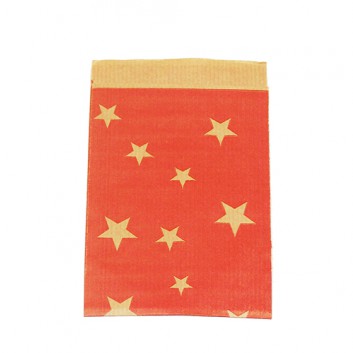  Weihnachts-Papier-Flachbeutel; ca. 9,5 x 13 cm; Sterne; rot; Kraftpapier, braun 