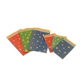  Weihnachts-Papier-Flachbeutel; ca. 9,5 x 13 cm / 13 x 18 cm; Sterne: rot / blau, Tannen: grün; vollflächig, negativ ausgespart; Kraftpapier, braun 