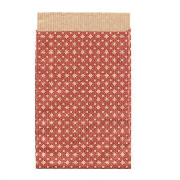  Weihnachts-Papier-Flachbeutel; 9,5 x 14 + 2 cm; Sternenminis & Pünktchen; rot auf naturbraun; ca. 20 mm; Kraftpapier braun, enggerippt; ca. 60 g/qm 