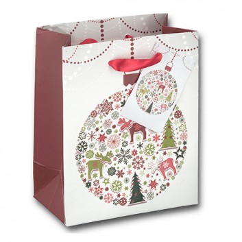  Weihnachts-Präsent-Tragetasche; 11 + 6 x 13,5 cm; Kugel mit Elch und Tanne; creme-rot; eingeknüpftes Satinband und Anhänger; Papier, matt 
