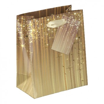  Weihnachts-Präsent-Tragetasche; 11 + 6 x 13,5 cm; Goldregen; gold; eingeknüpftes Satinband und Anhänger; Papier mit Folienprägung; ca. 210 g/qm 