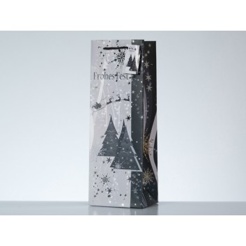  1er Sekt - Flaschentragetasche; 12 + 10 x 35 cm; für 1 Flasche Sekt; Tannen; silber-schwarz; Folienprägung, 200 g/qm 