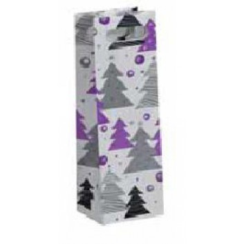  1er Sekt - Flaschentragetasche; 12 + 10 x 36 cm; für 1 Flasche Sekt; Tree purple; weiß-lila-silber; Lackpapier, mit Tragekordel 