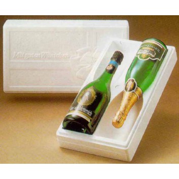  2er Styropor Flaschen-Versandbox; für 2 Flaschen; weiß; Schleifen-Prägung -Mit guten Wünschen-; 0,75l Wein-/Sektflaschen bis 36 cm Länge 