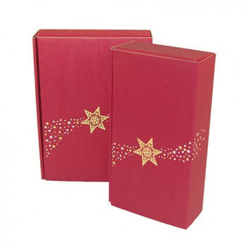  Präsent-Flaschenkarton für Postversand; für 2 oder 3 Flaschen; Lino Weihnachtsstern: zentraler Stern; dunkelrot-gold-silber - innen: rot 