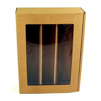  Präsent-Flaschenkarton für Postversand; für 3 Flaschen; uni; natur-braun; offene Welle mit Sichtfenster; 0,75l Wein-/Sektflaschen bis 36 cm Länge 
