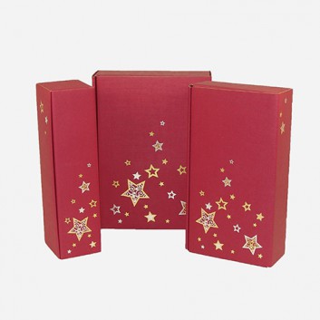  Präsent-Flaschenkarton für Postversand; für 2 oder 3 Flaschen; Lino Weihnachtstraum: Sterne; dunkelrot-gold-silber - innen: rot 