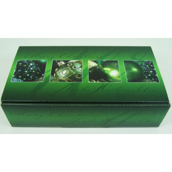  Präsent-Flaschenkarton für Postversand; für 2 Flaschen oder 1000g-Stollen; Kugeln, mit Text: Merry Christmas; grün; glatte Oberfläche 